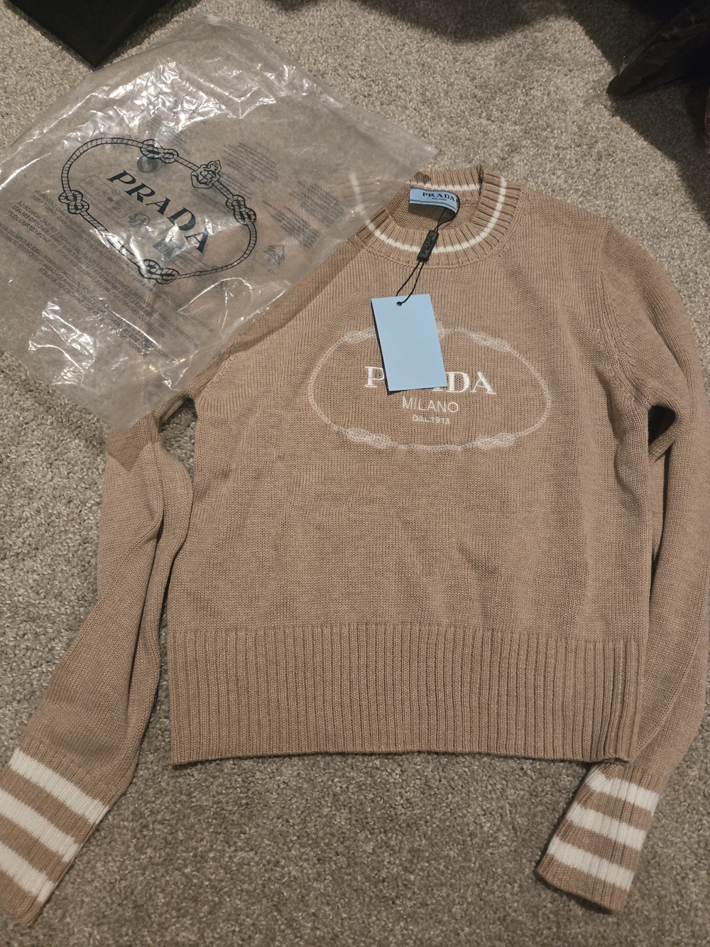 Prada Milano Logo Knit Sweater — Camel with White Trim